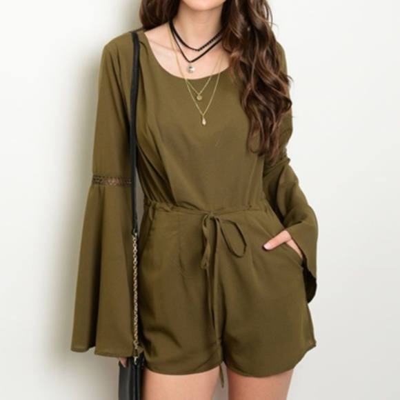 Pants - FLARED SLEEVED ROMPER - OLIVE GREEN